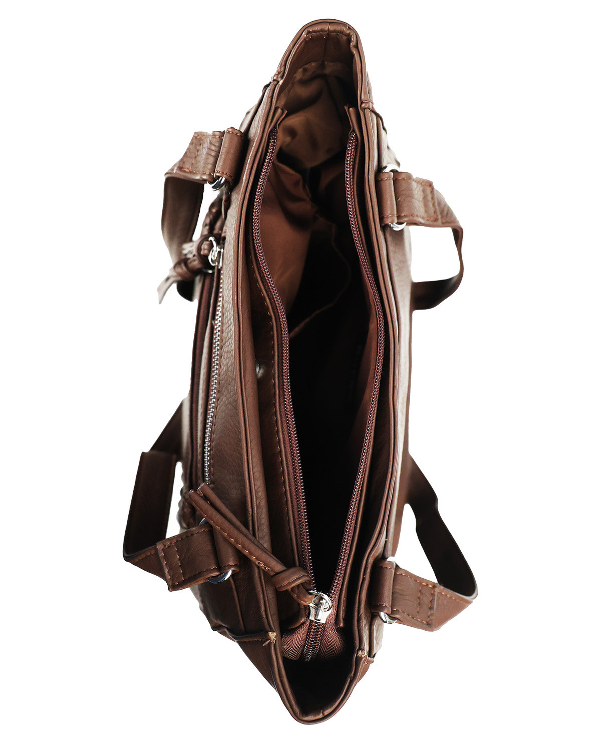A brown faux-leather handbag shown from a top-down view, open to reveal its interior compartments, zippers, and straps against a plain white background.