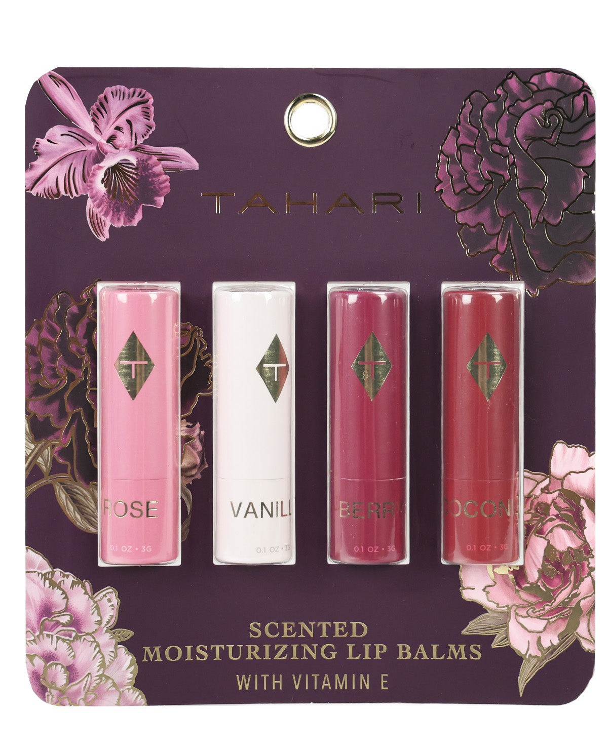 Tahari Scented Moisturizing Lip Balms set of 4 in a floral purple packaging card. The lip balms come in pink, white, berry, and terracotta red shades with gold lettering.