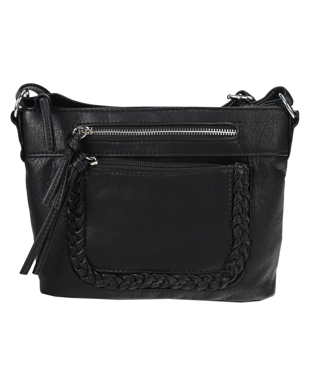 Black faux-leather shoulder bag with braided trim, silver zipper, and tassel detail, shown against a plain white background.
