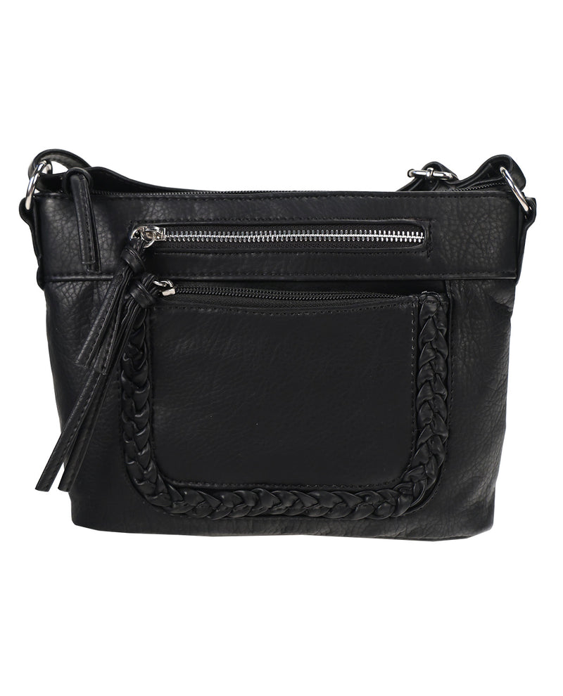 Black faux-leather shoulder bag with braided trim, silver zipper, and tassel detail, shown against a plain white background.