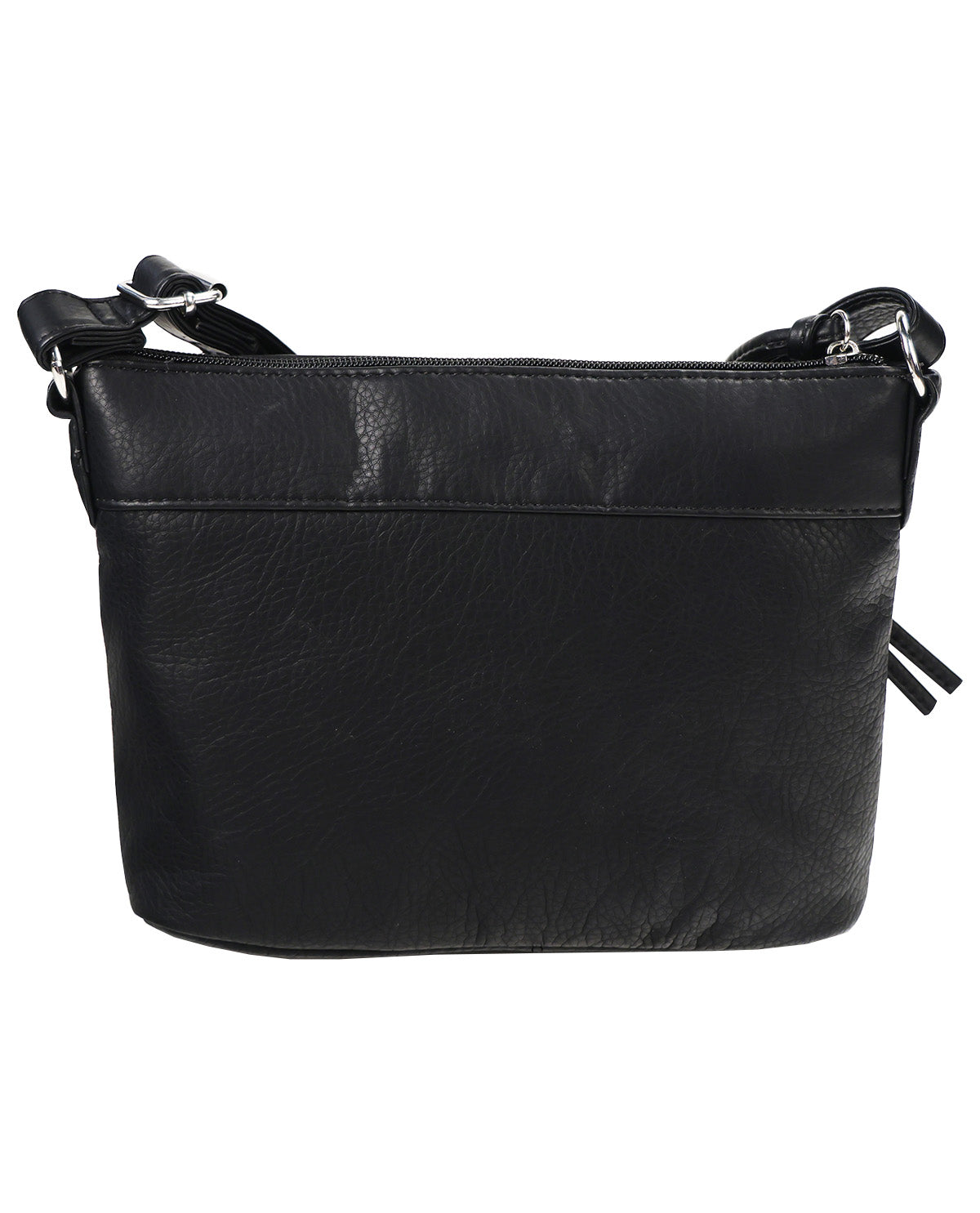 Black faux-leather crossbody bag with a front zippered pocket and adjustable shoulder strap, shown against a plain white background.