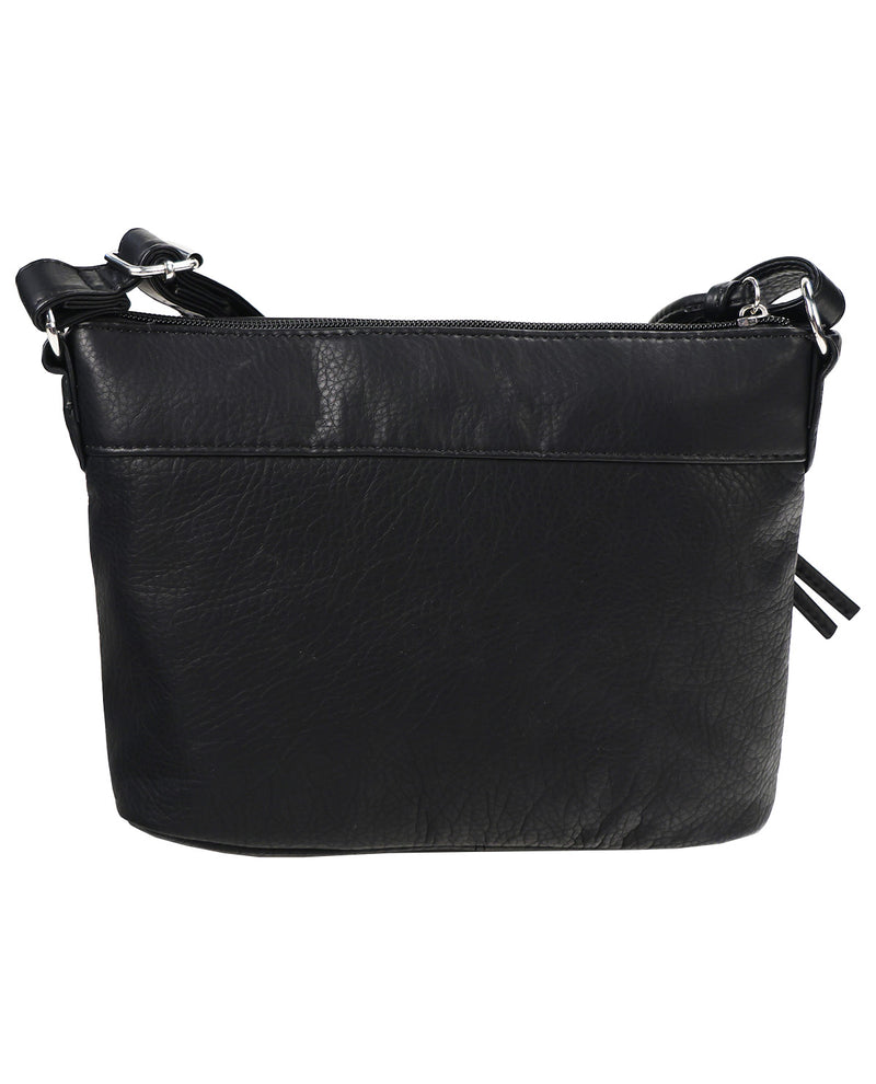 Black faux-leather crossbody bag with a front zippered pocket and adjustable shoulder strap, shown against a plain white background.
