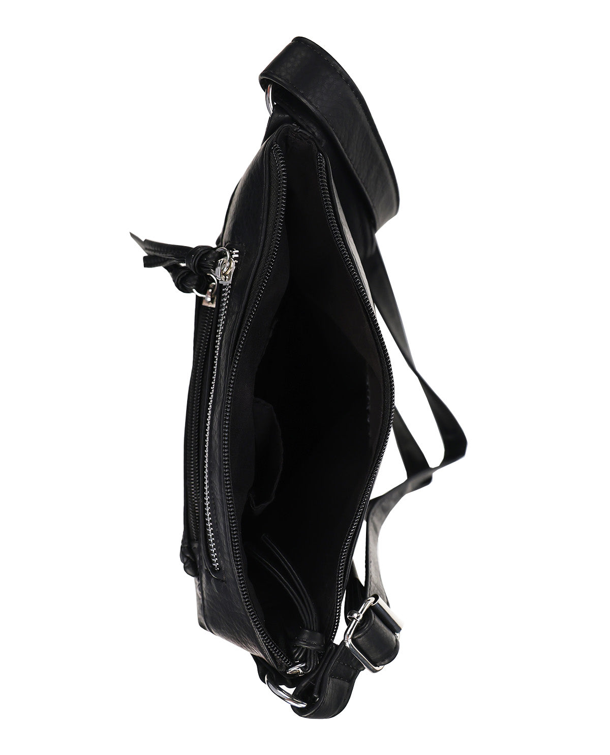 Black leather crossbody bag shown from a side profile view, highlighting the interior lining, zipper compartments, and adjustable shoulder strap against a plain white background.