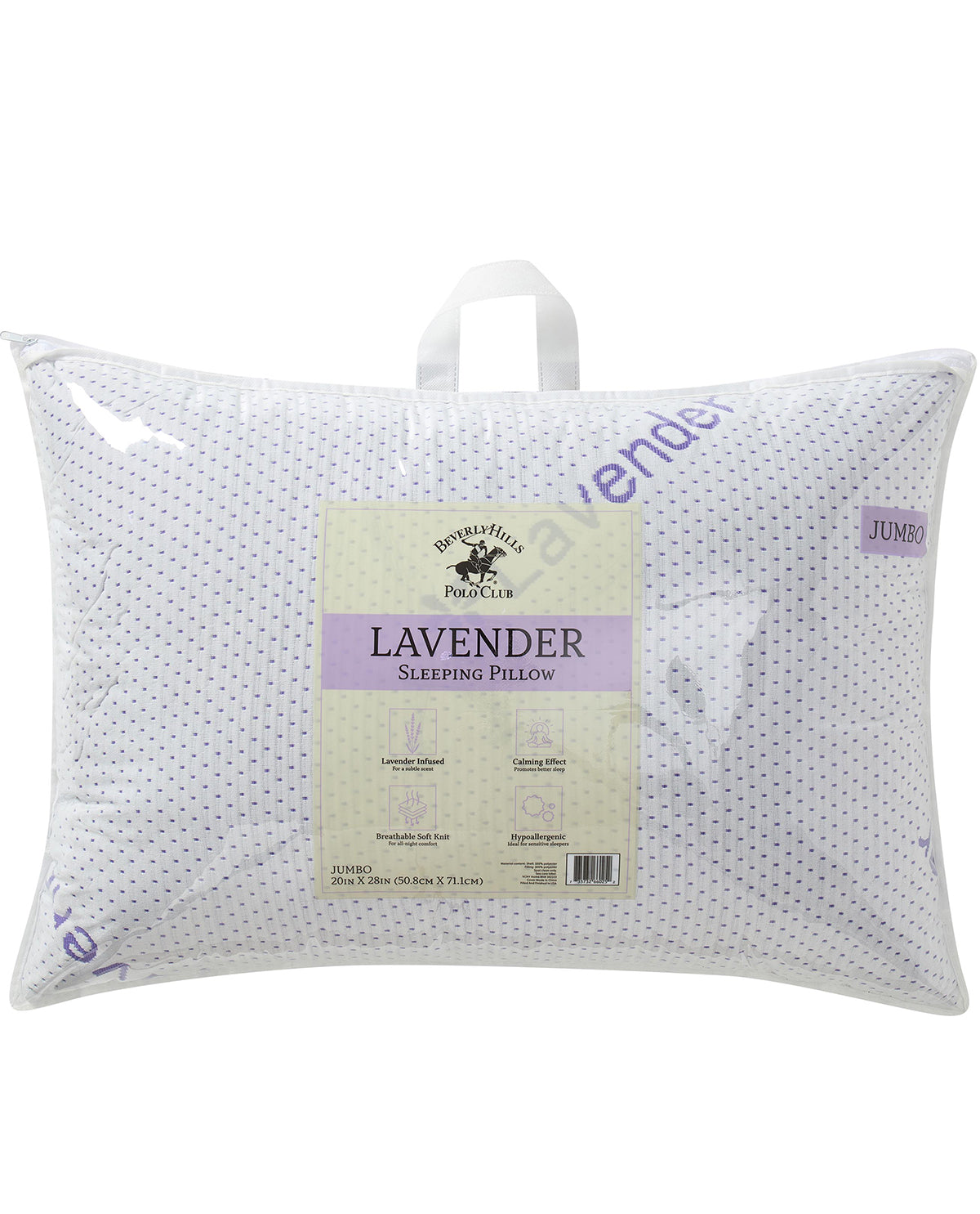 Lavender sleeping pillow in packaging with a label on a white background