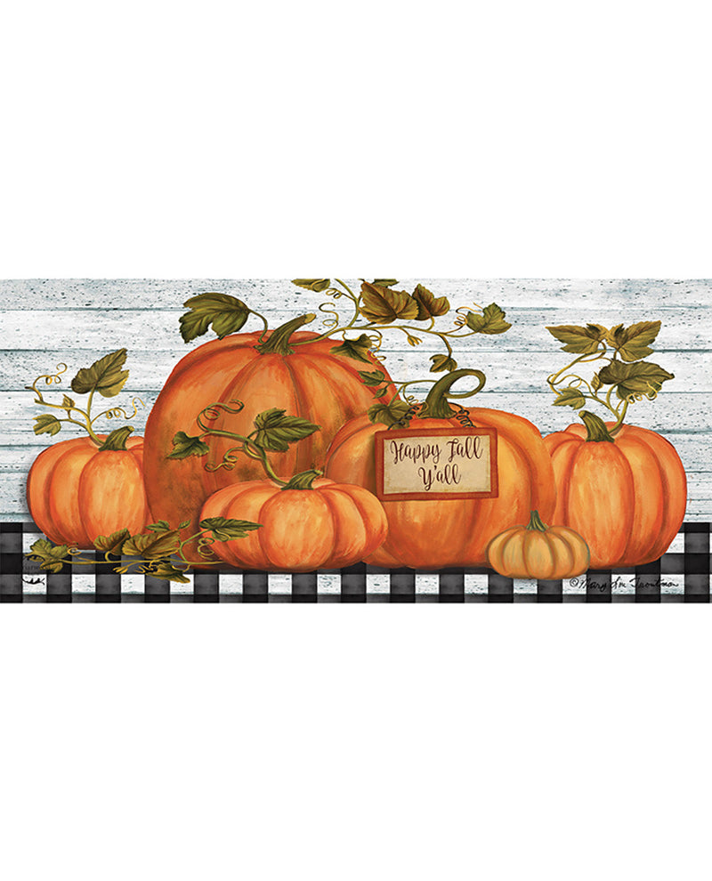 Decorative panel with pumpkins and a 'Happy Fall Y'all' sign on a checkered border.