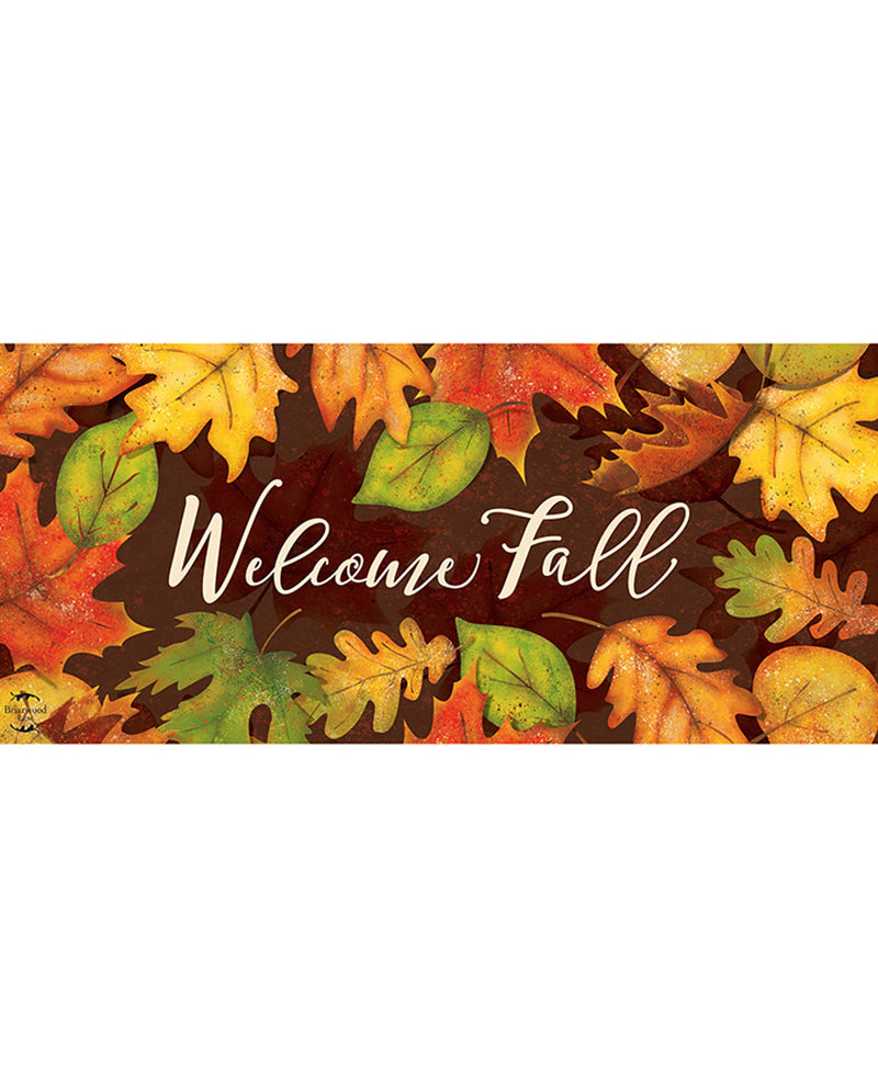 Decorative mat with autumn leaves and 'Welcome Fall' text on a white background