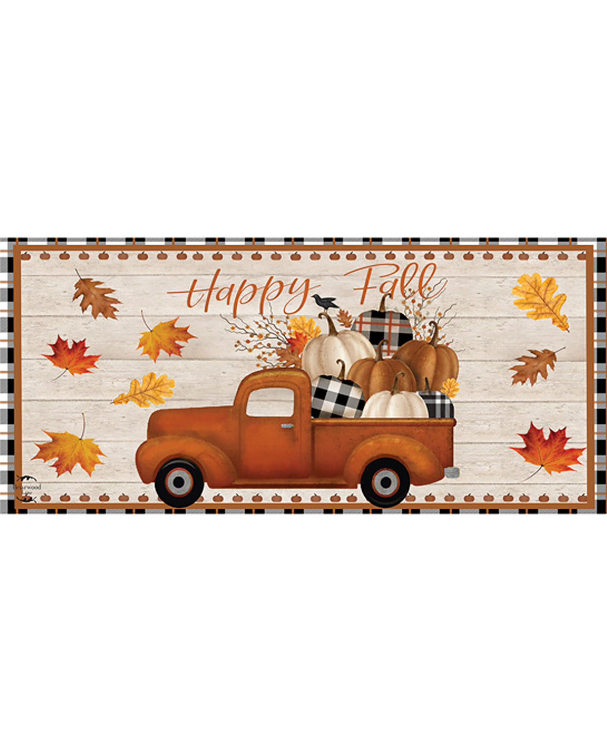 Decorative sign with a vintage truck, pumpkins, and autumn leaves on a wooden background.