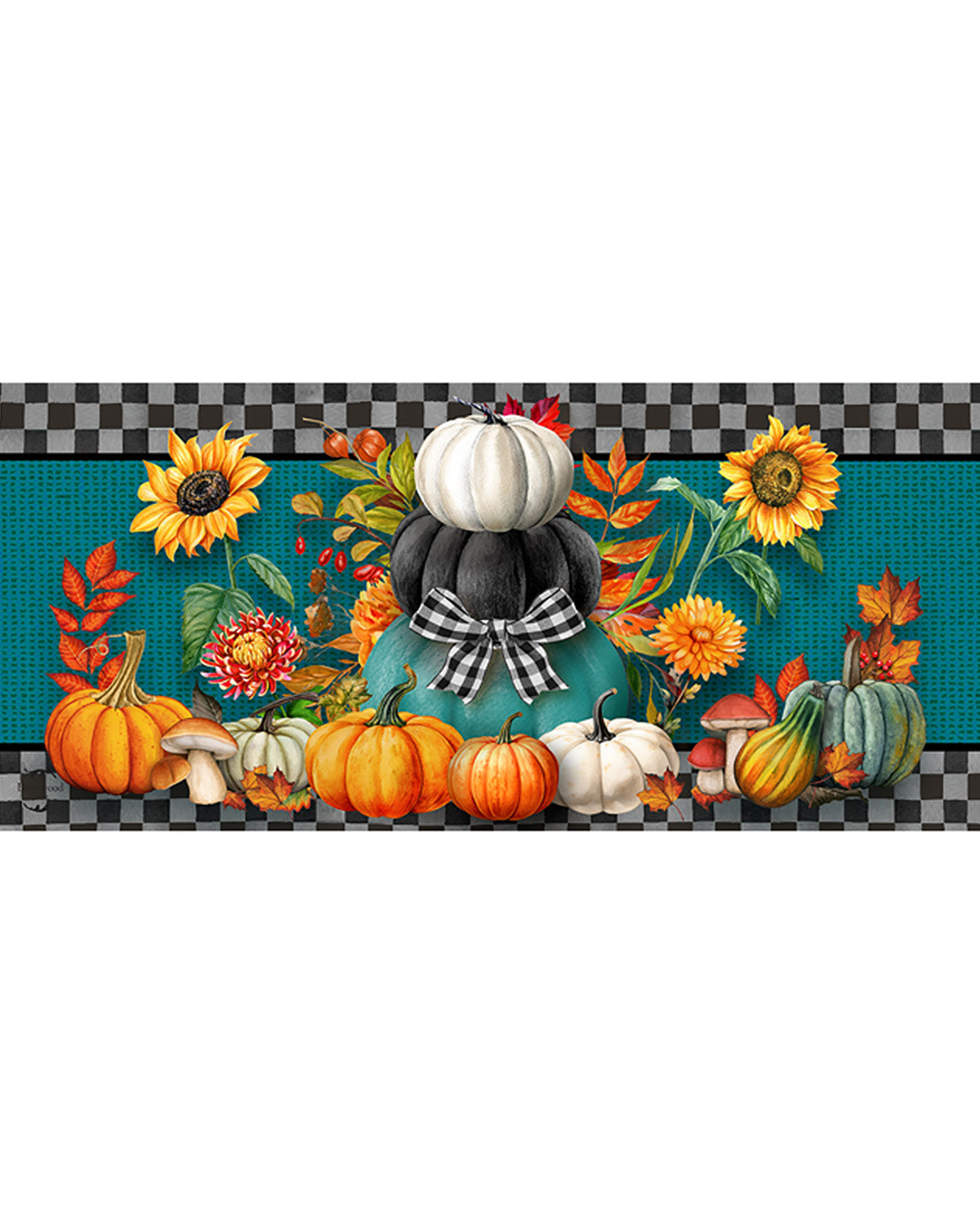 Decorative border with pumpkins, sunflowers, and a checkered pattern on a blue background.