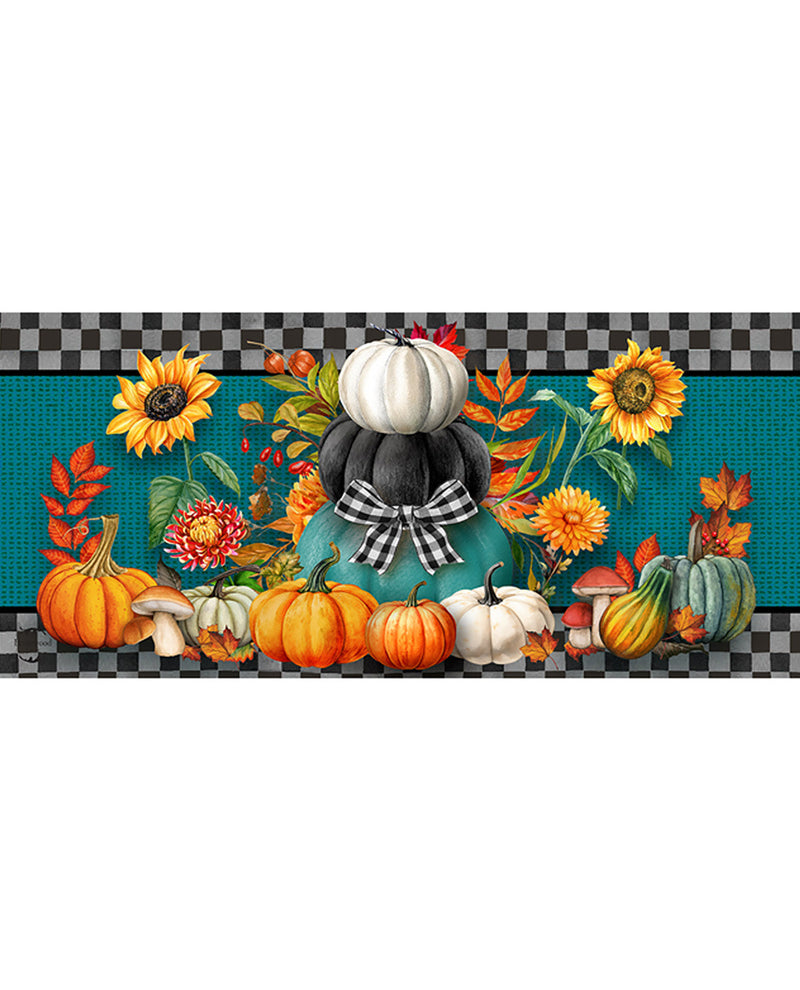 Decorative border with pumpkins, sunflowers, and a checkered pattern on a blue background.