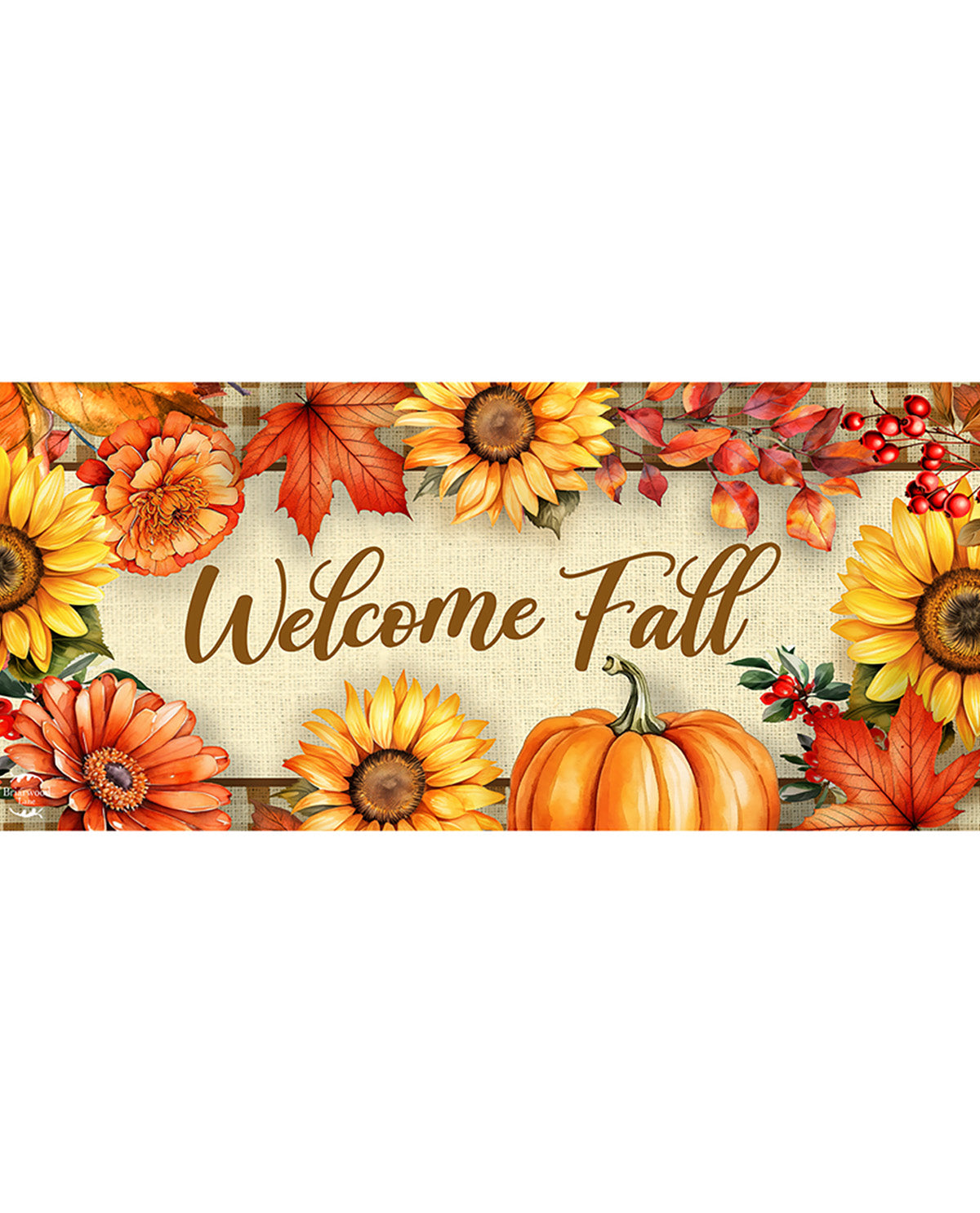 Decorative banner with 'Welcome Fall' text surrounded by autumn elements like pumpkins, sunflowers, and leaves.