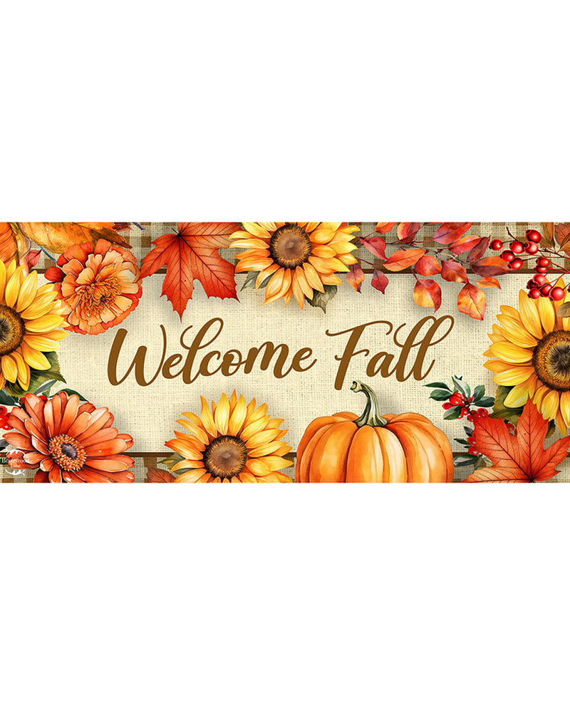 Decorative banner with 'Welcome Fall' text surrounded by autumn elements like pumpkins, sunflowers, and leaves.