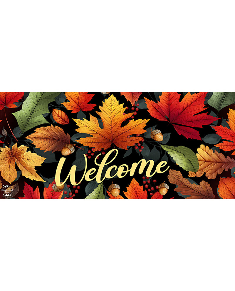 Autumn-themed welcome card with colorful leaves and acorns on a black background.