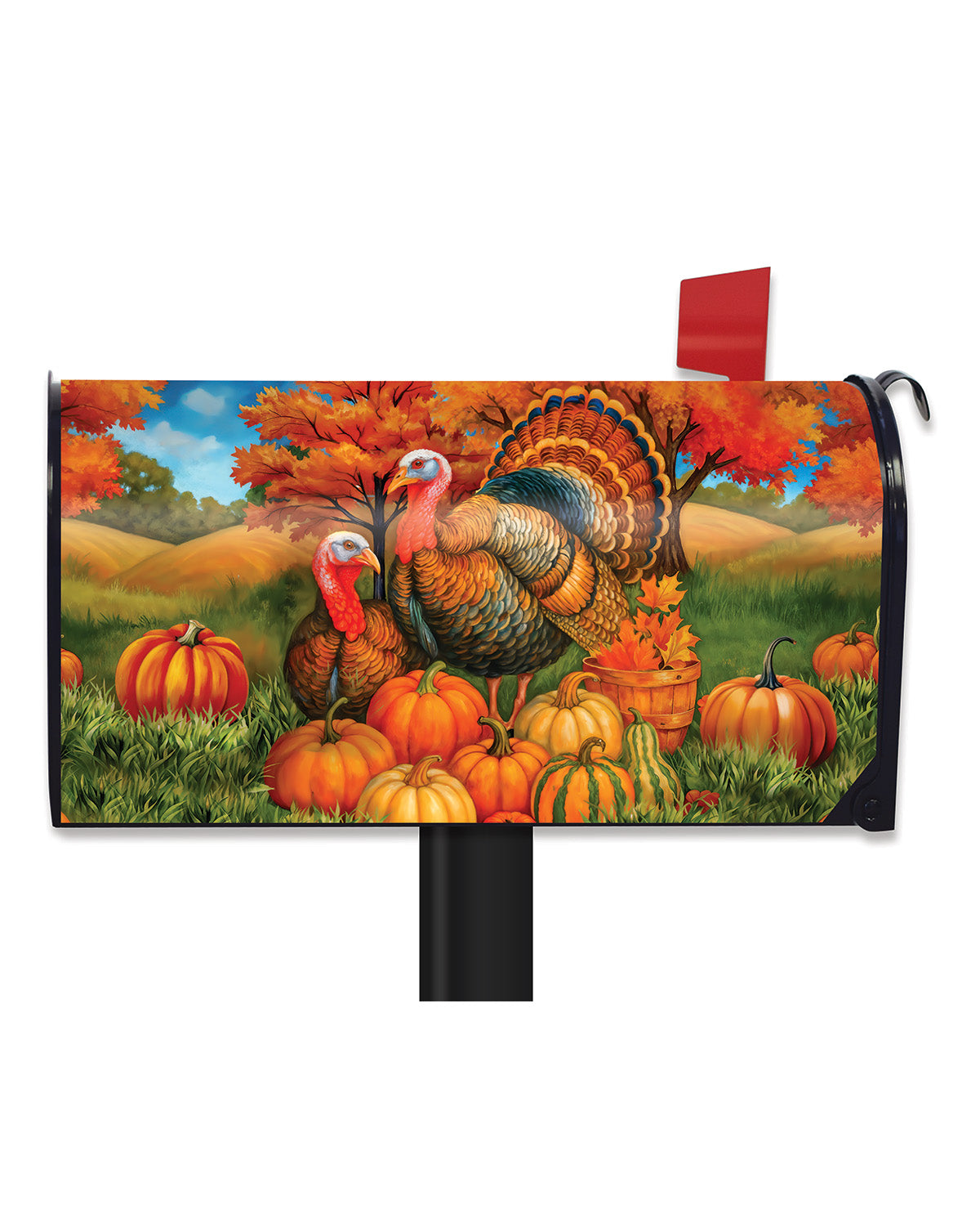 Mailbox cover with a turkey and pumpkins design on a colorful autumn landscape.