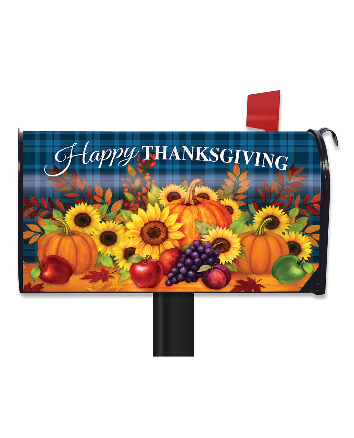 Thanksgiving-themed mailbox cover with pumpkins, sunflowers, and fruits on a blue plaid background.
