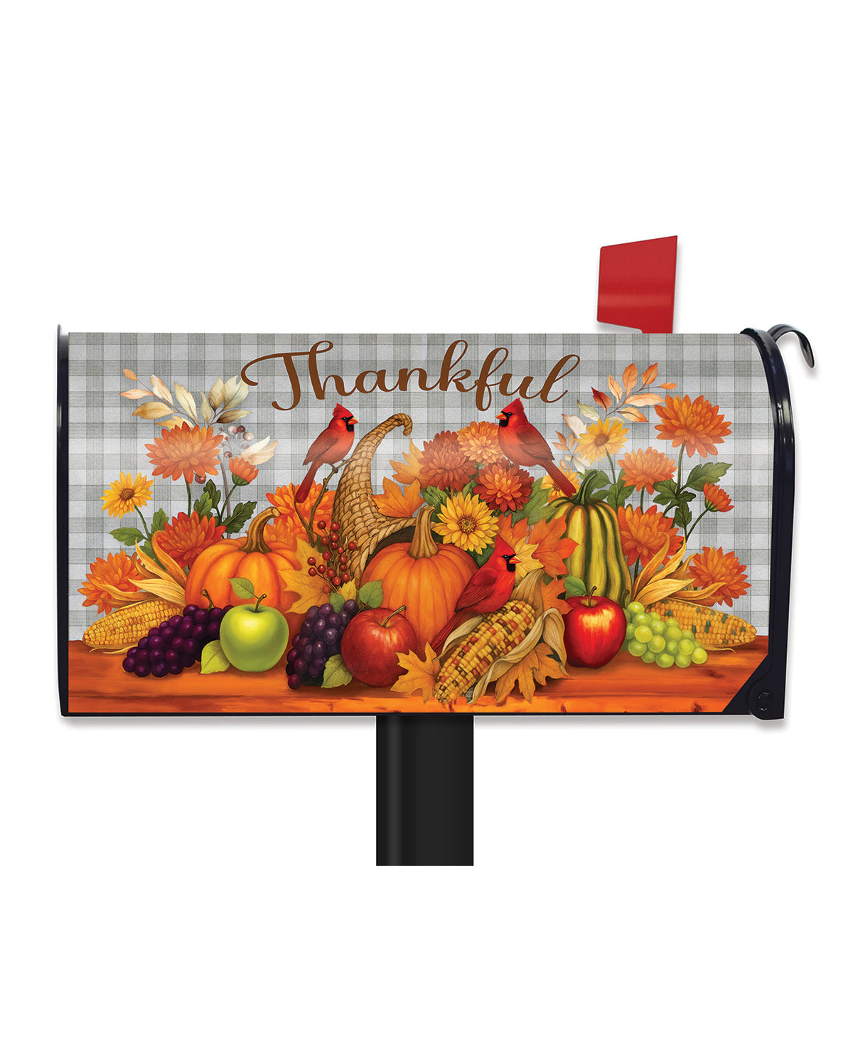 Mailbox cover with autumn-themed design featuring pumpkins, apples, and flowers on a plaid background.