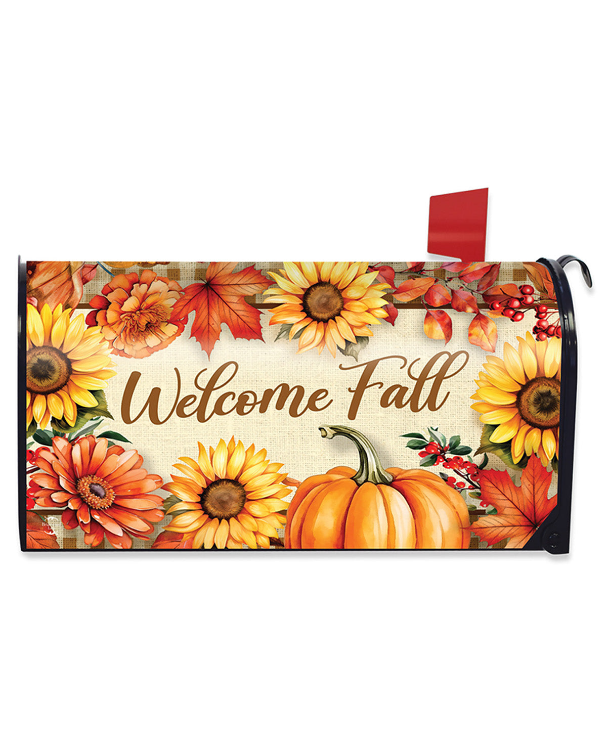 Mailbox cover with autumn design featuring pumpkins, sunflowers, and leaves with 'Welcome Fall' text.