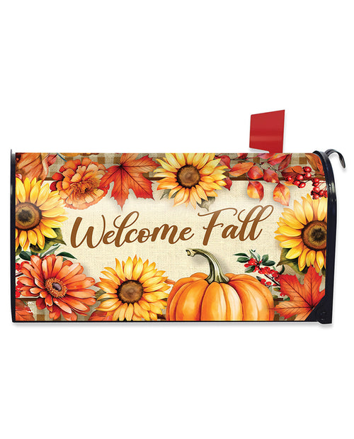 Mailbox cover with autumn design featuring pumpkins, sunflowers, and leaves with 'Welcome Fall' text.