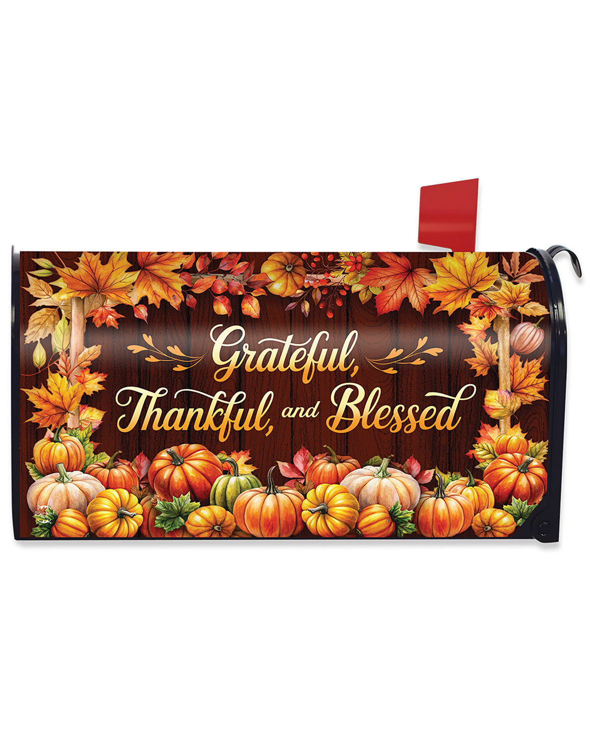 A decorative mailbox cover featuring an autumn harvest design with pumpkins, fall leaves, and the phrase 'Grateful, Thankful, and Blessed' in gold script on a dark wood background. A red flag is attached to the mailbox.