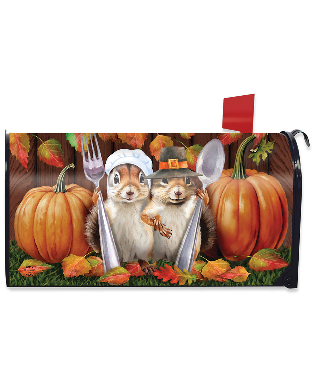 A decorative mailbox cover featuring two chipmunks dressed in Pilgrim clothing, holding silver platters, surrounded by pumpkins, autumn leaves, and a red flag on a white background.