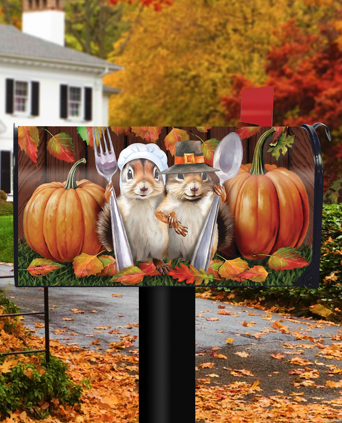A decorative mailbox cover featuring two cartoon squirrels dressed as Pilgrims with hats and staffs, surrounded by pumpkins and autumn leaves, shown installed on a black mailbox post in an outdoor fall yard with a house and trees in the background.