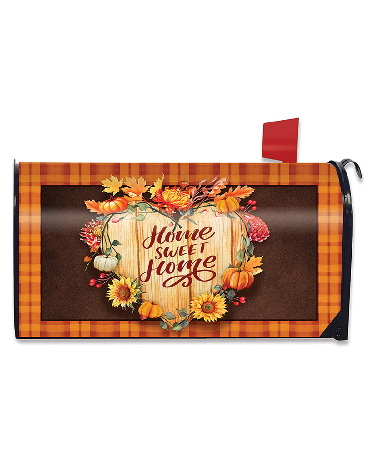 A decorative mailbox cover featuring a fall harvest design with the phrase 'Home Sweet Home' in red script over a wood plank background, surrounded by pumpkins, sunflowers, leaves, and berries, with an orange plaid border and a red flag.