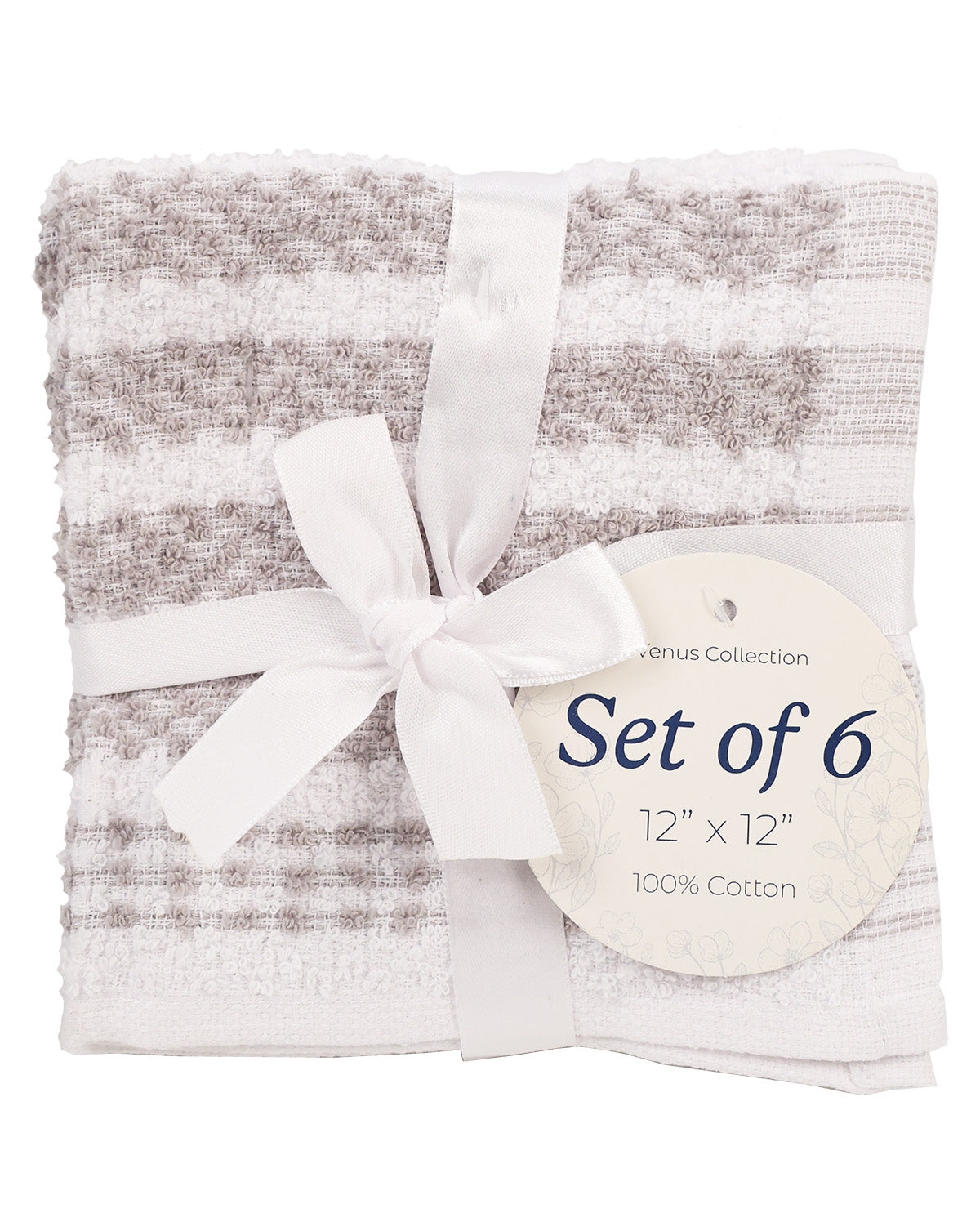 A set of six folded cotton towels in a white and light gray striped pattern, wrapped with a white satin ribbon and a round paper tag that reads 'Set of 6, 12" x 12", 100% Cotton'.