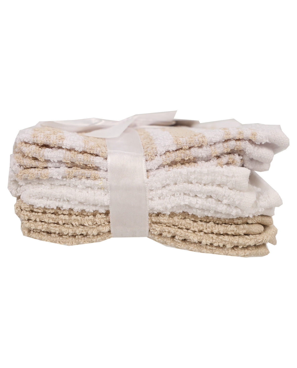 A stack of folded textured bath towels in white and beige stripes, tied with a white satin ribbon, on a plain white background.