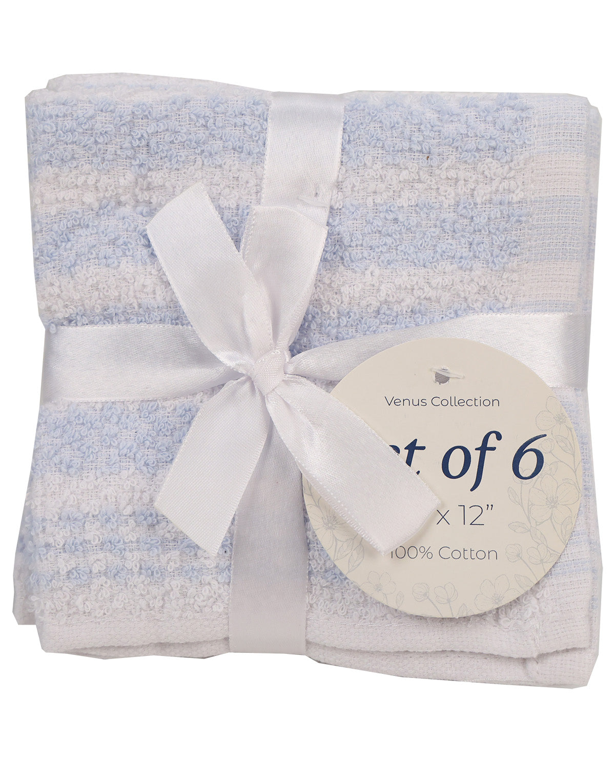 A set of six folded cotton baby wraps or swaddle blankets in a soft blue and white striped pattern, tied with a white satin ribbon and featuring a round paper label that reads 'Venus Collection' and 'set of 6 x 12" 100% Cotton'.