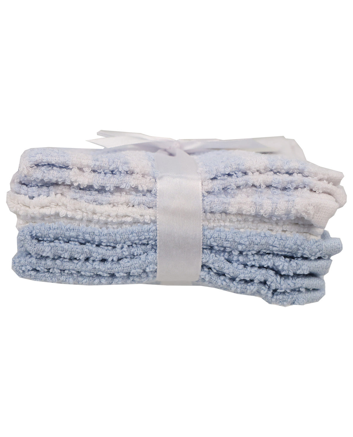 A stack of three folded baby towels in light blue, white, and pale blue, tied together with a white ribbon bow on a white background.