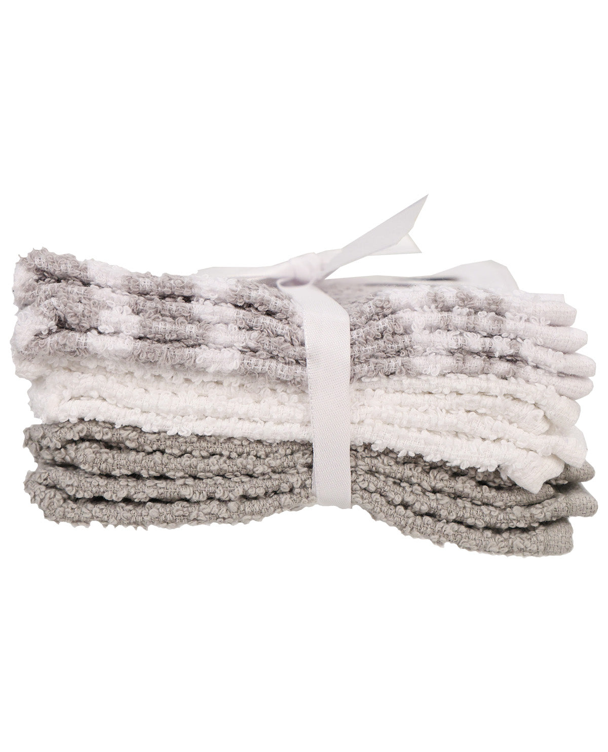 A stack of three textured bath towels in white and light gray, tied together with a white ribbon bow, on a plain white background.