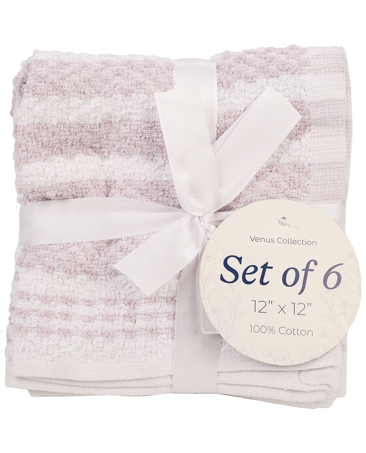 A set of six folded cotton towels in a light pink and white striped pattern, tied with a white satin ribbon and a round paper tag that reads 'Venus Collection Set of 6 12" x 12" 100% Cotton'.