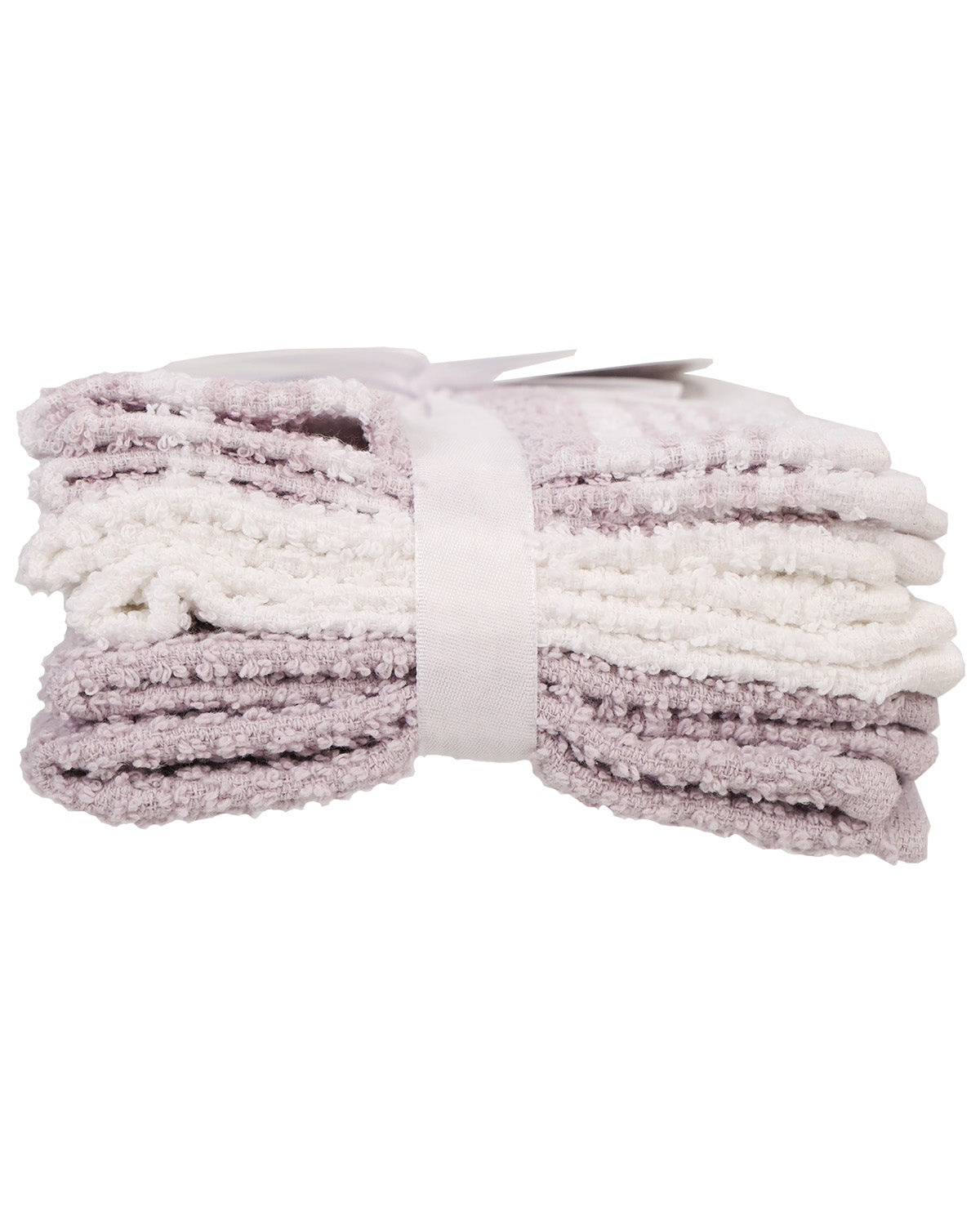 A stack of folded plush bath towels in soft white and pale lavender-gray tones, bundled together with a white paper band.