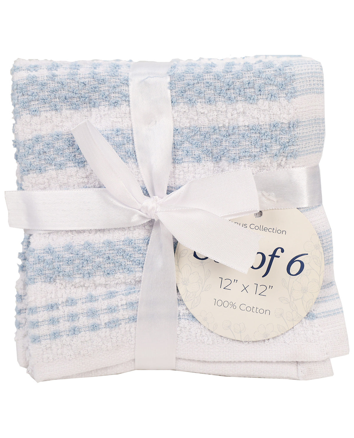 A folded set of six baby towels from the Savonne Collection, featuring light blue and white stripes and checks. The towels are wrapped in a white satin ribbon with a round paper tag that reads 'soph of 6 12" x 12" 100% Cotton'.