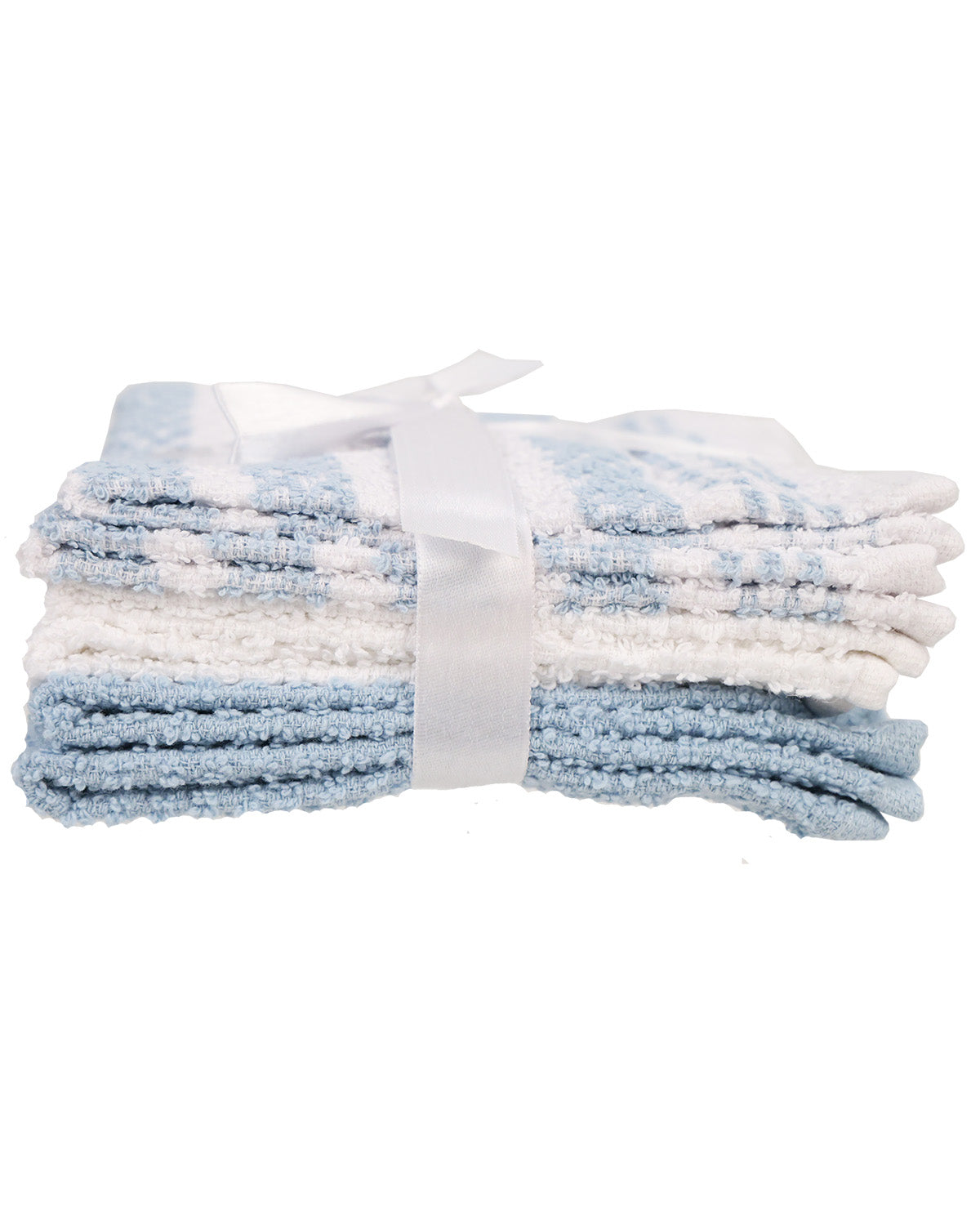A stack of folded white bath towels with light blue stripes, tied together with a white satin ribbon, on a plain white background.