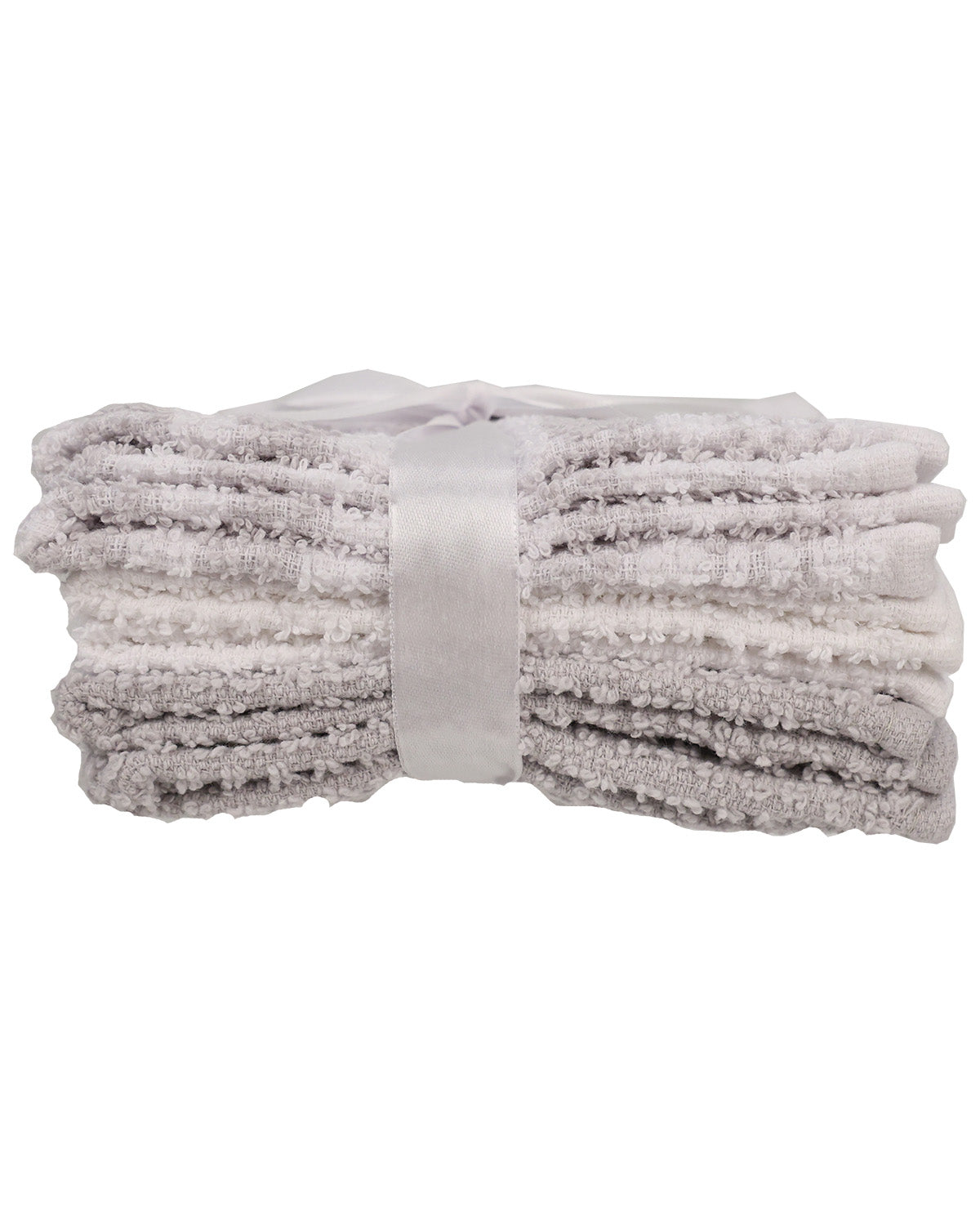 A stack of folded gray and white textured towels tied with a satin ribbon, shown against a plain white background.