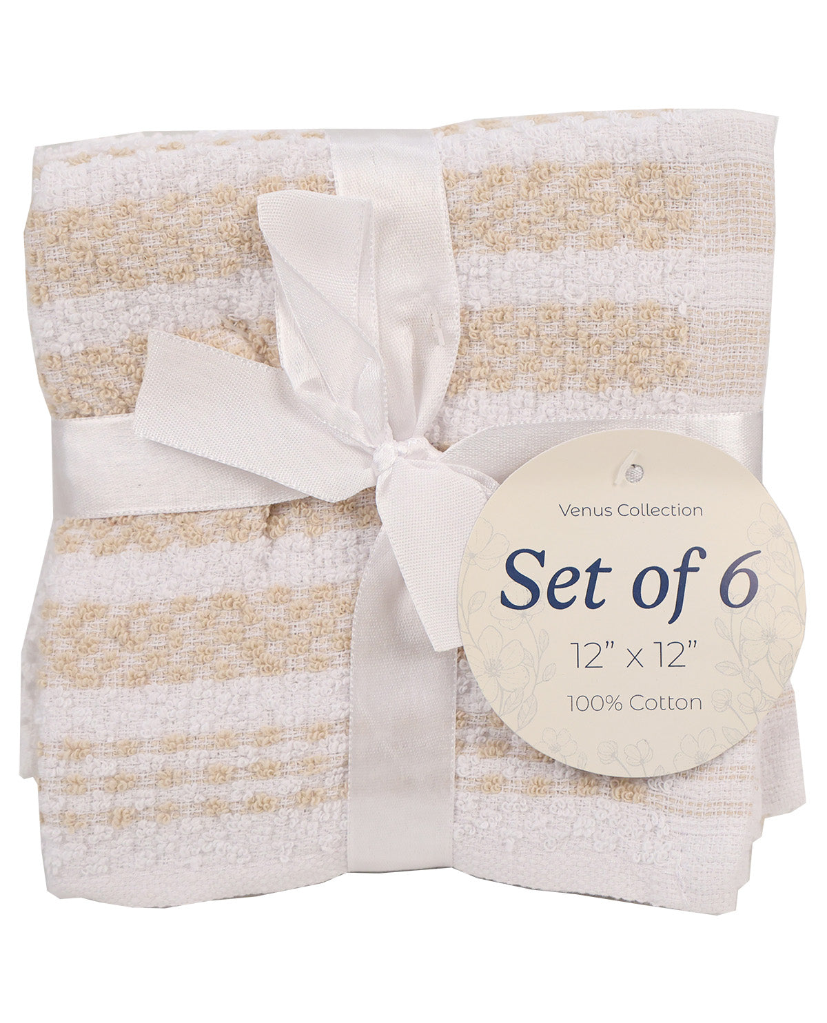 A set of six folded cotton baby towels from Venus Collection, featuring a textured cream and light tan woven pattern, tied with a white satin ribbon and a round paper label.