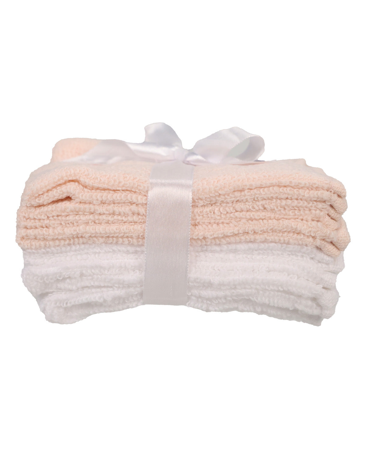 A stack of two folded baby blankets, one in pale peach and one in white, tied together with a white satin ribbon bow, on a plain white background.
