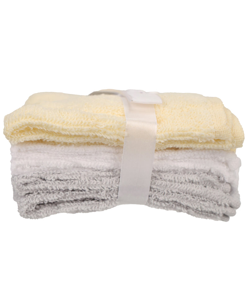 A stack of three folded plush cotton towels in pale yellow, white, and light gray, tied together with a white satin ribbon on a white background.