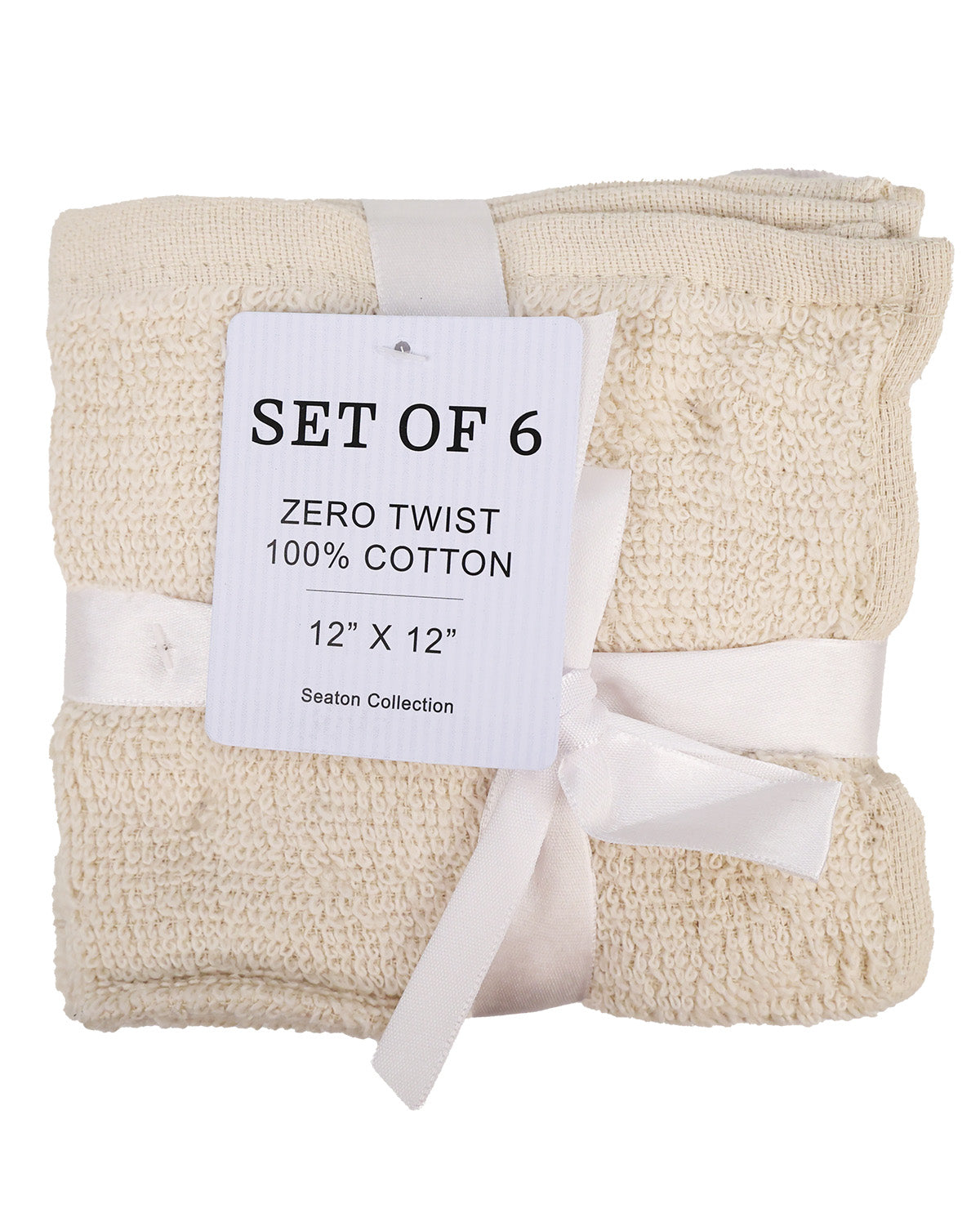 A set of six folded cotton towels in a cream color, wrapped with white ribbons and a white paper tag that reads 'SET OF 6 ZERO TWIST 100% COTTON 12" X 12" Season Collection'.
