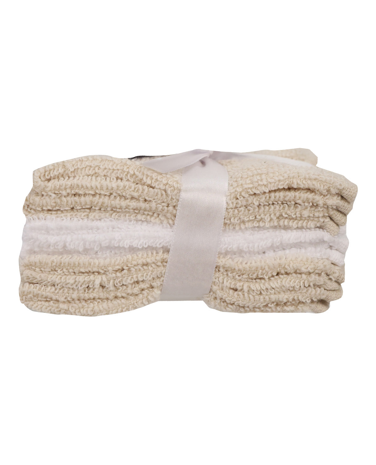 A folded stack of textured chenille blankets in cream and beige stripes, tied with a light beige ribbon, on a plain white background.