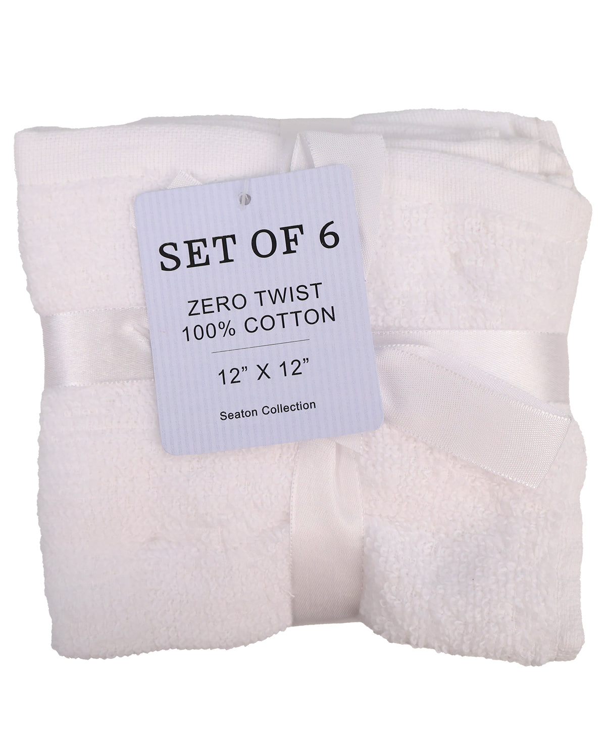 A set of six folded white cotton bath towels with a light blue tag reading 'SET OF 6 ZERO TWIST 100% COTTON 12" X 12" Seaton Collection'.