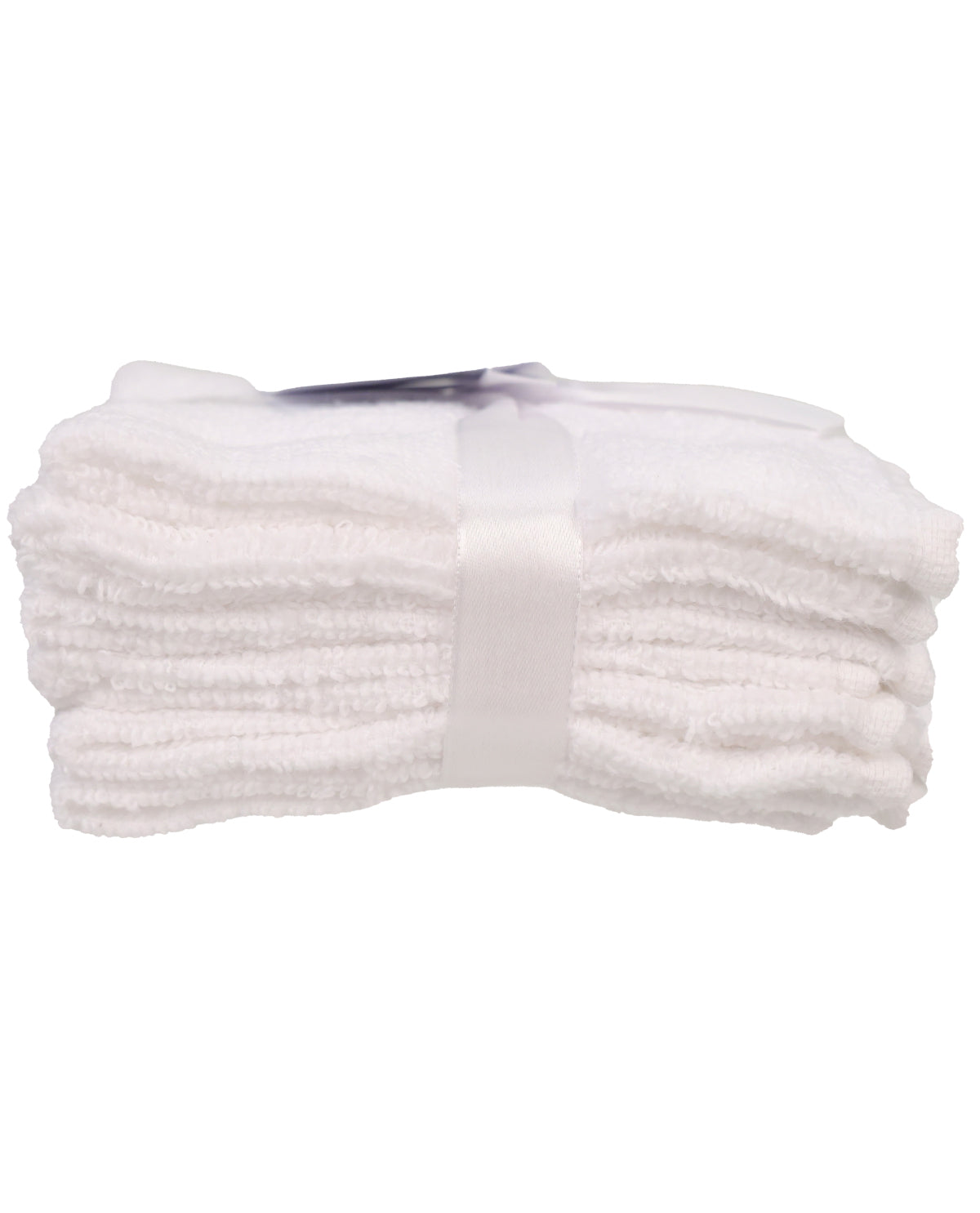 A stack of folded white towels tied with a white satin ribbon, shown against a plain white background.