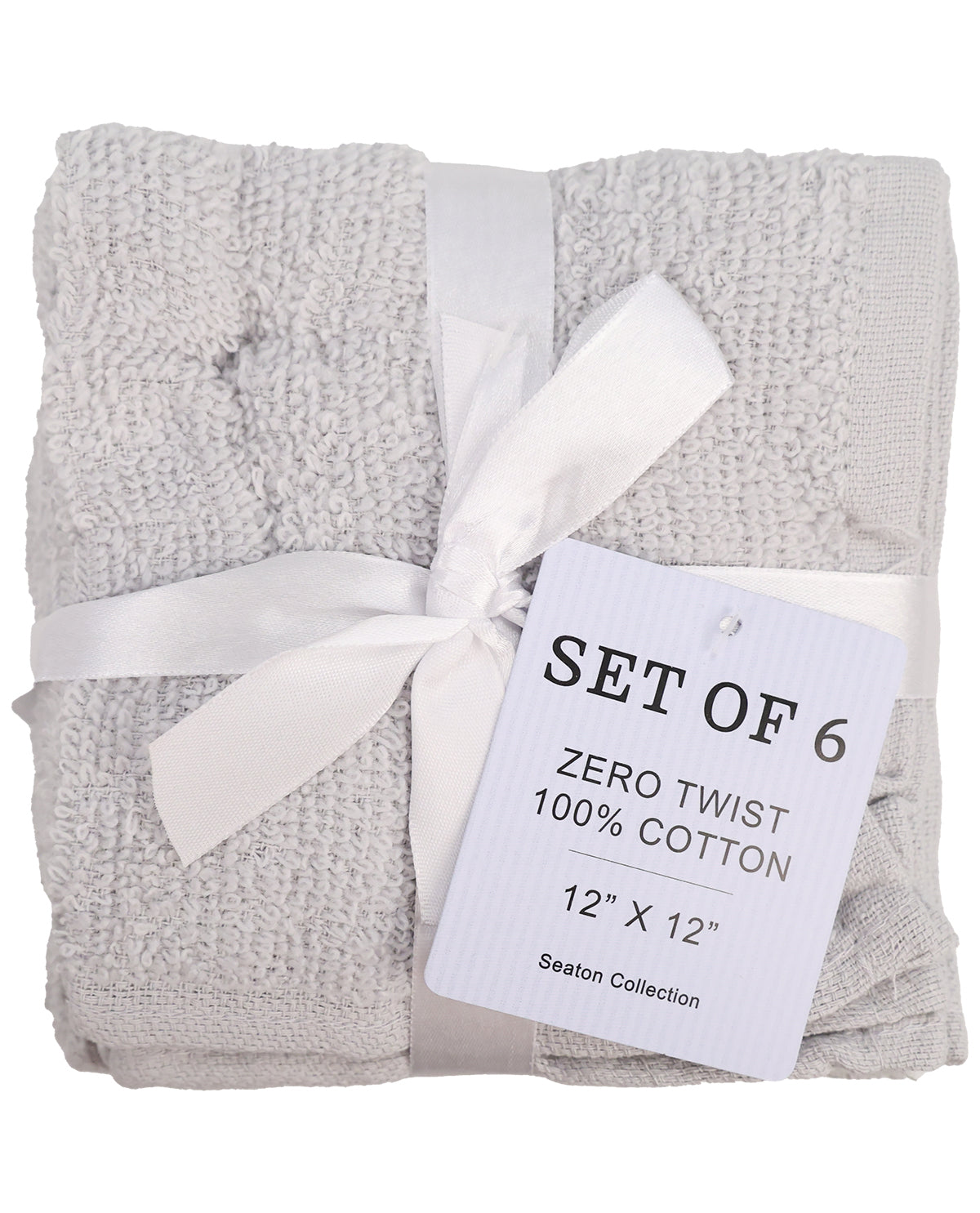 A set of six folded light gray textured cotton towels tied with a white ribbon and tag, shown on a plain white background.