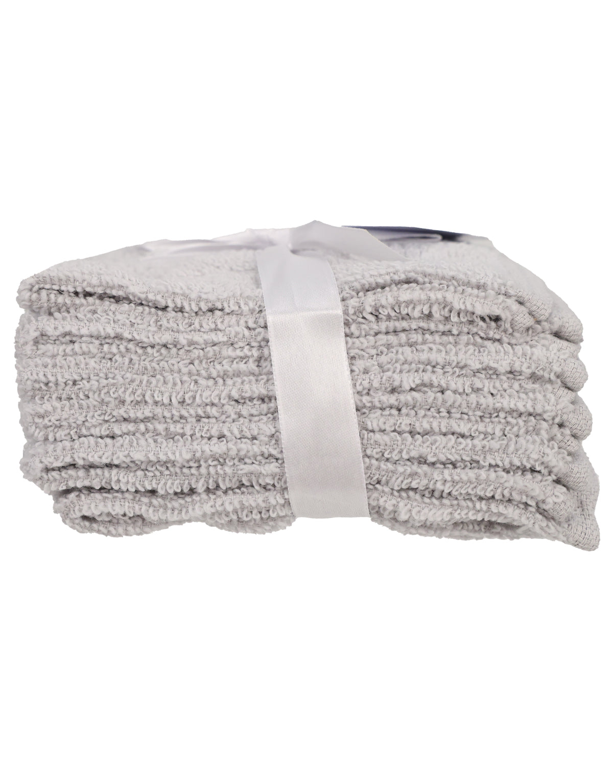 A folded light gray textured throw blanket tied with a white ribbon, shown against a plain white background.