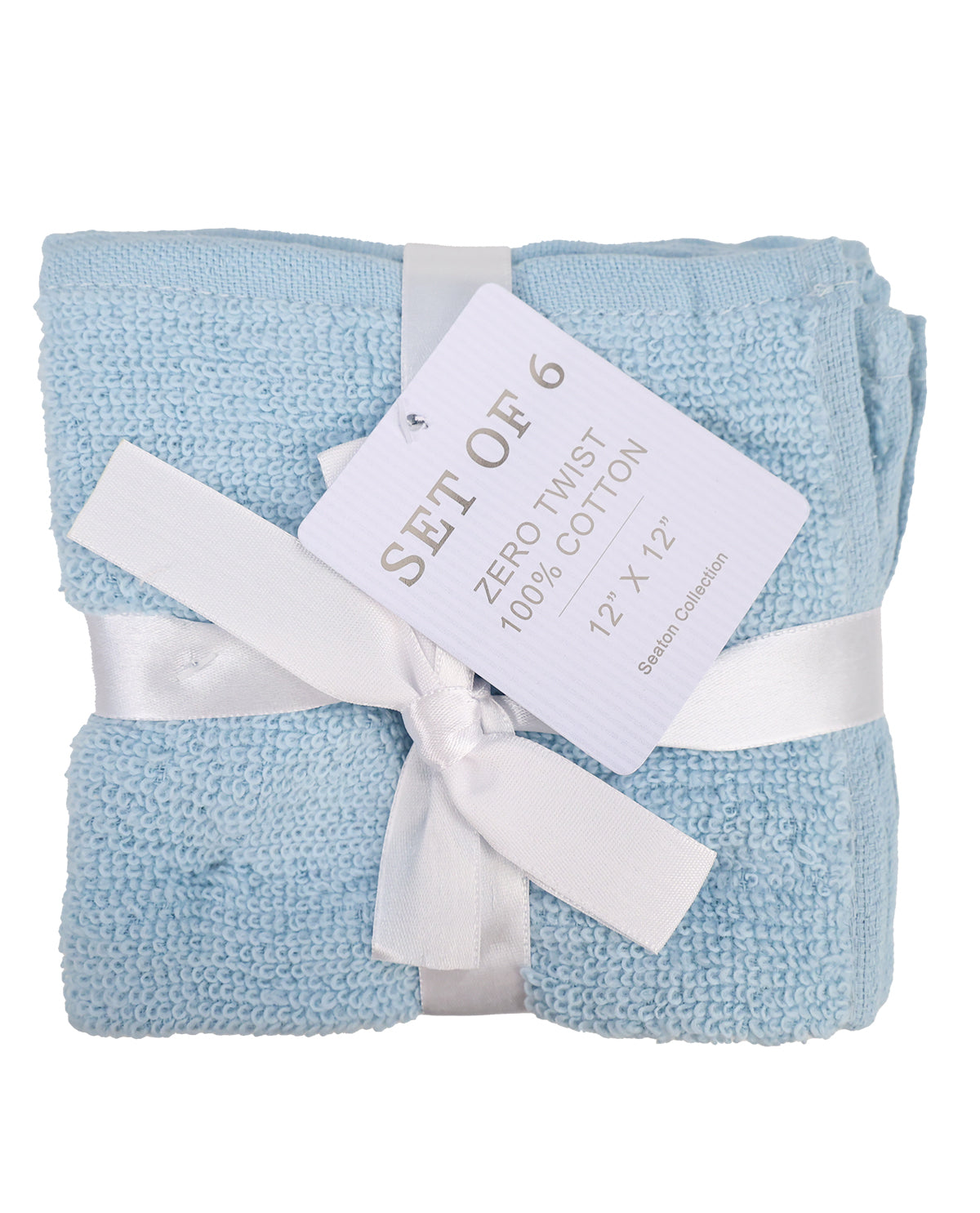 A set of six folded light blue cotton towels wrapped in a white ribbon with a paper tag that reads 'SET OF 6 ZERO TWIST 100% COTTON 12" X 12"'.
