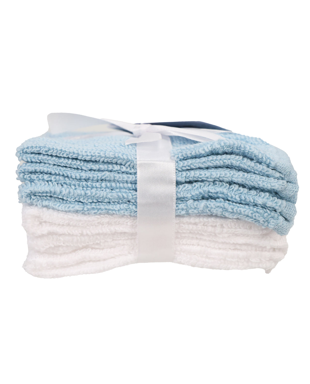 A stack of two folded plush towels, with the top towel in light blue and the bottom towel in white, tied together with a white satin ribbon.
