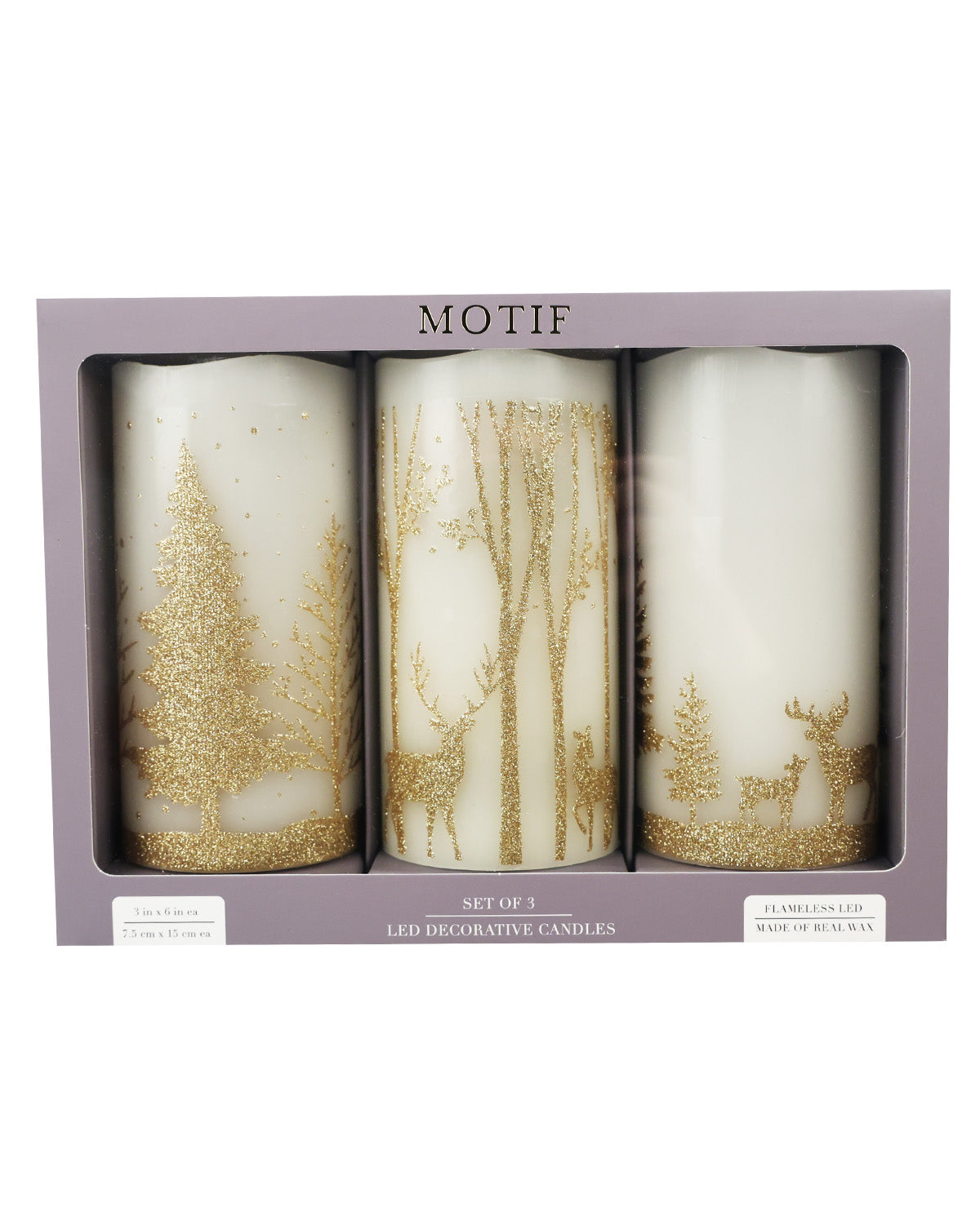 Motif 3 Piece LED Wax Candle White & Gold