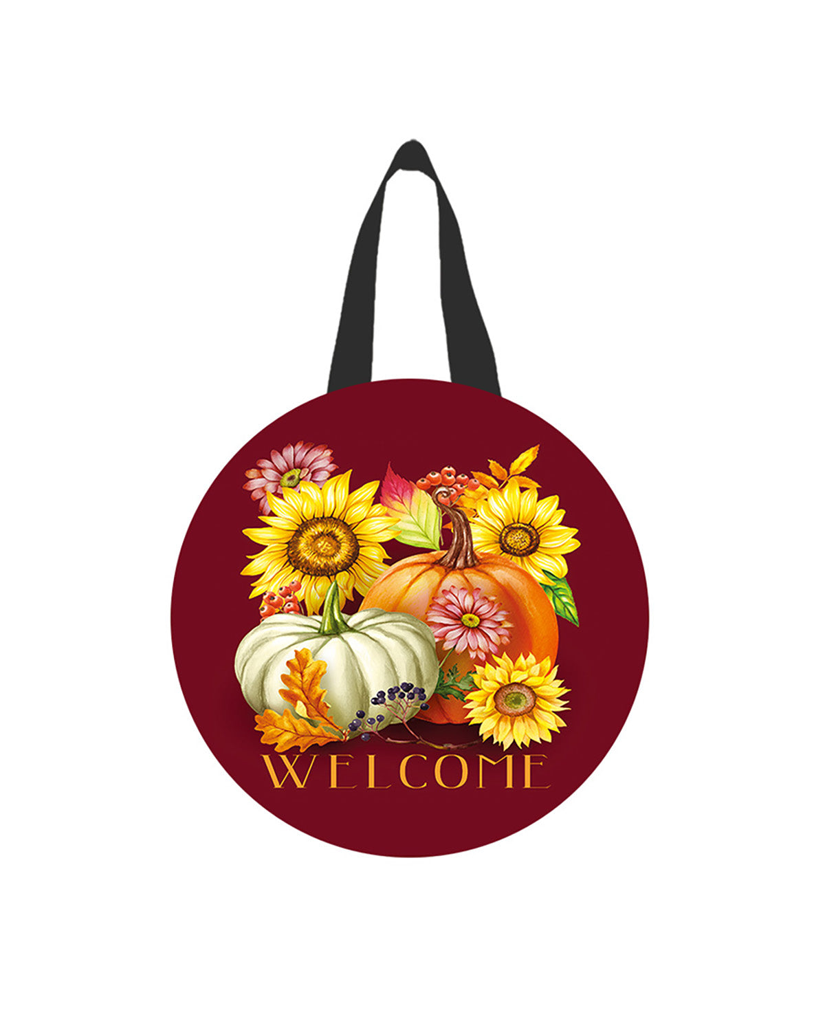 Round decorative item with pumpkins, flowers, and 'Welcome' text on a red background