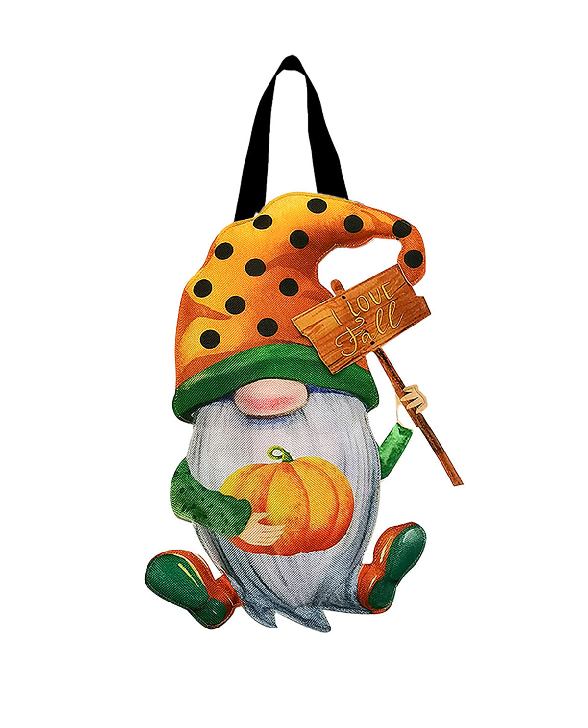 Decorative gnome with pumpkin and 'Love Fall' sign on a white background