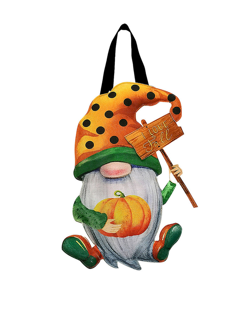 Decorative gnome with pumpkin and 'Love Fall' sign on a white background